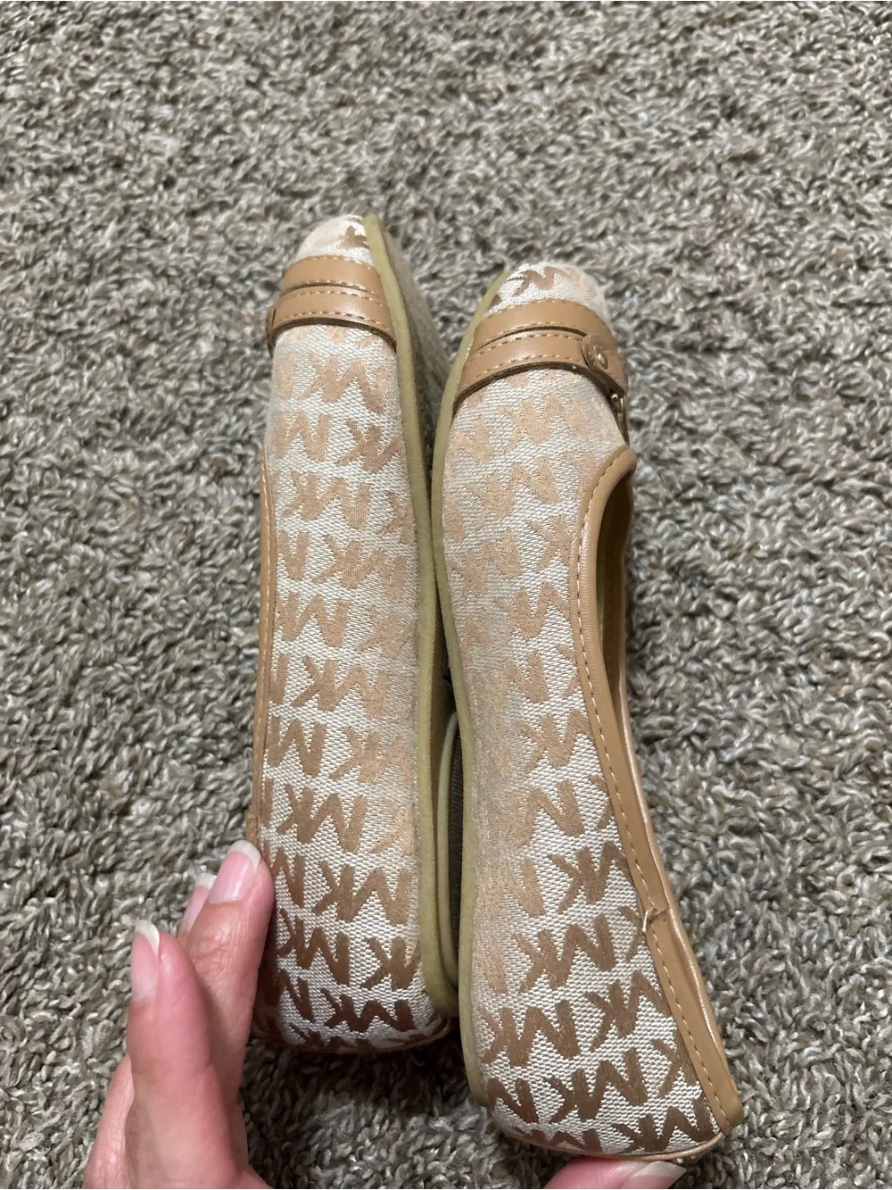 Michael Kors Beige Logo Jacquard Ballet Flats with Gold MK Medallion